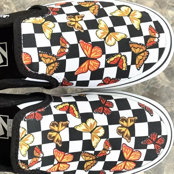 Vans Asher Butterfly Checkerboard Slip On Shoes Womens Size 6 Black VN000VOSJBW - Picture 2 of 13